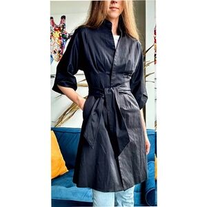 Women's XS Wrap Jacket Coat Dress PARIS Black Pockets Snap Belt Mandarin Collar